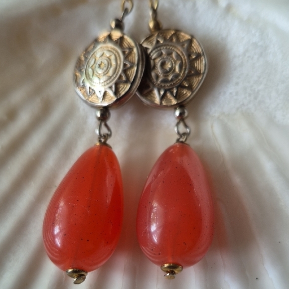 Elegant Gold and Orange Dangle Earrings - Picture 2 of 5
